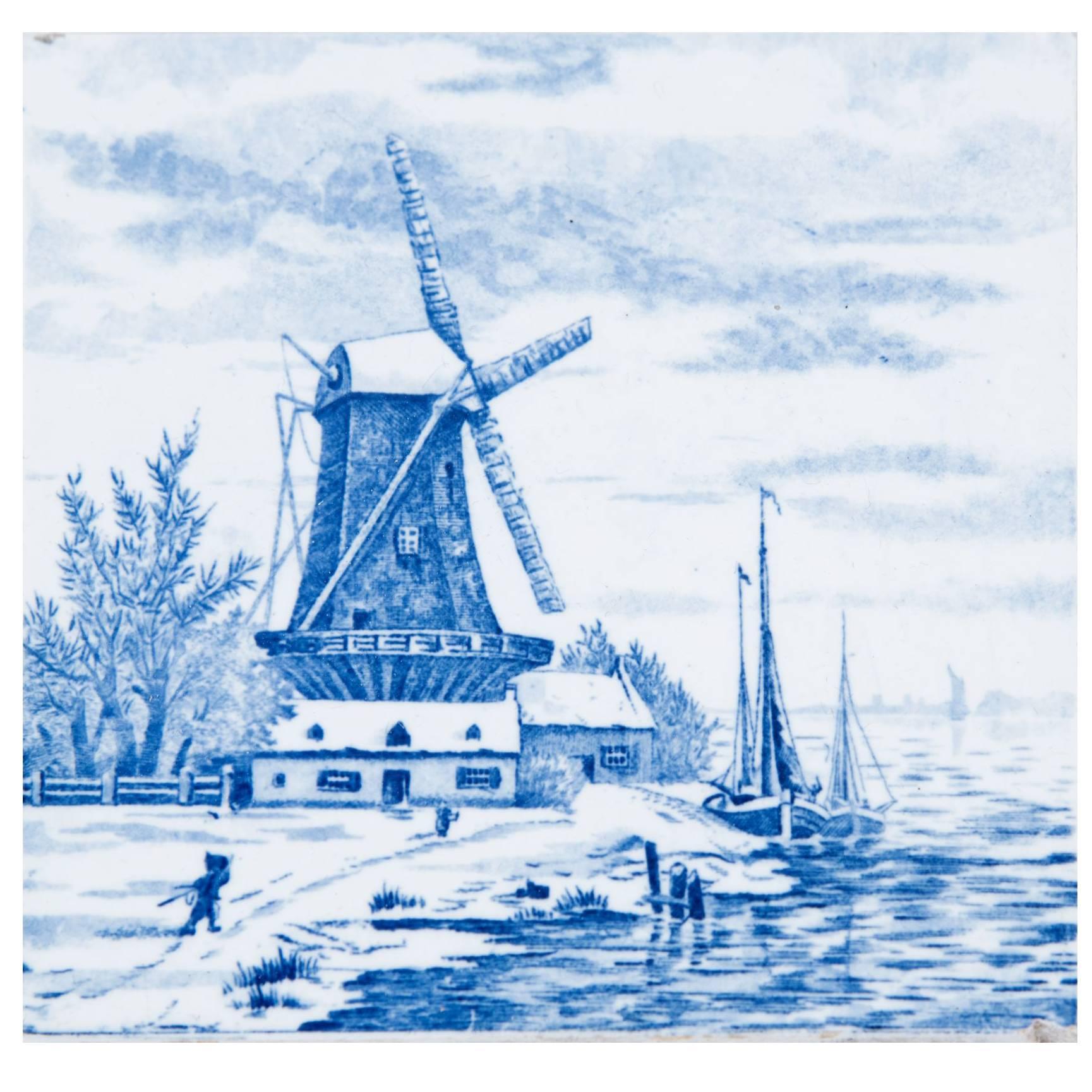 19th Century Delft Blue and White Tile of a Windmill and Waterway