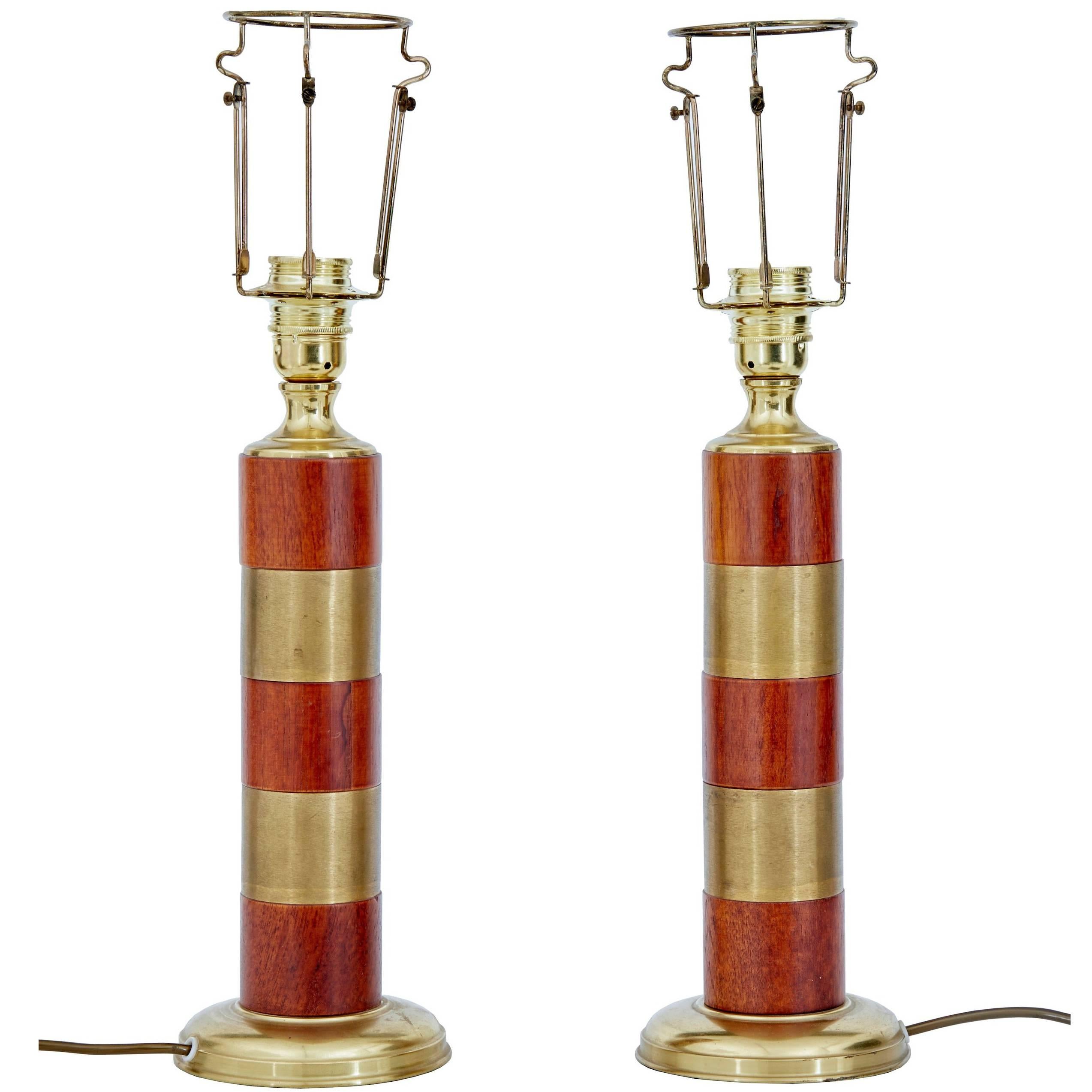 Pair of Brass and Teak 1950s Table Lamps