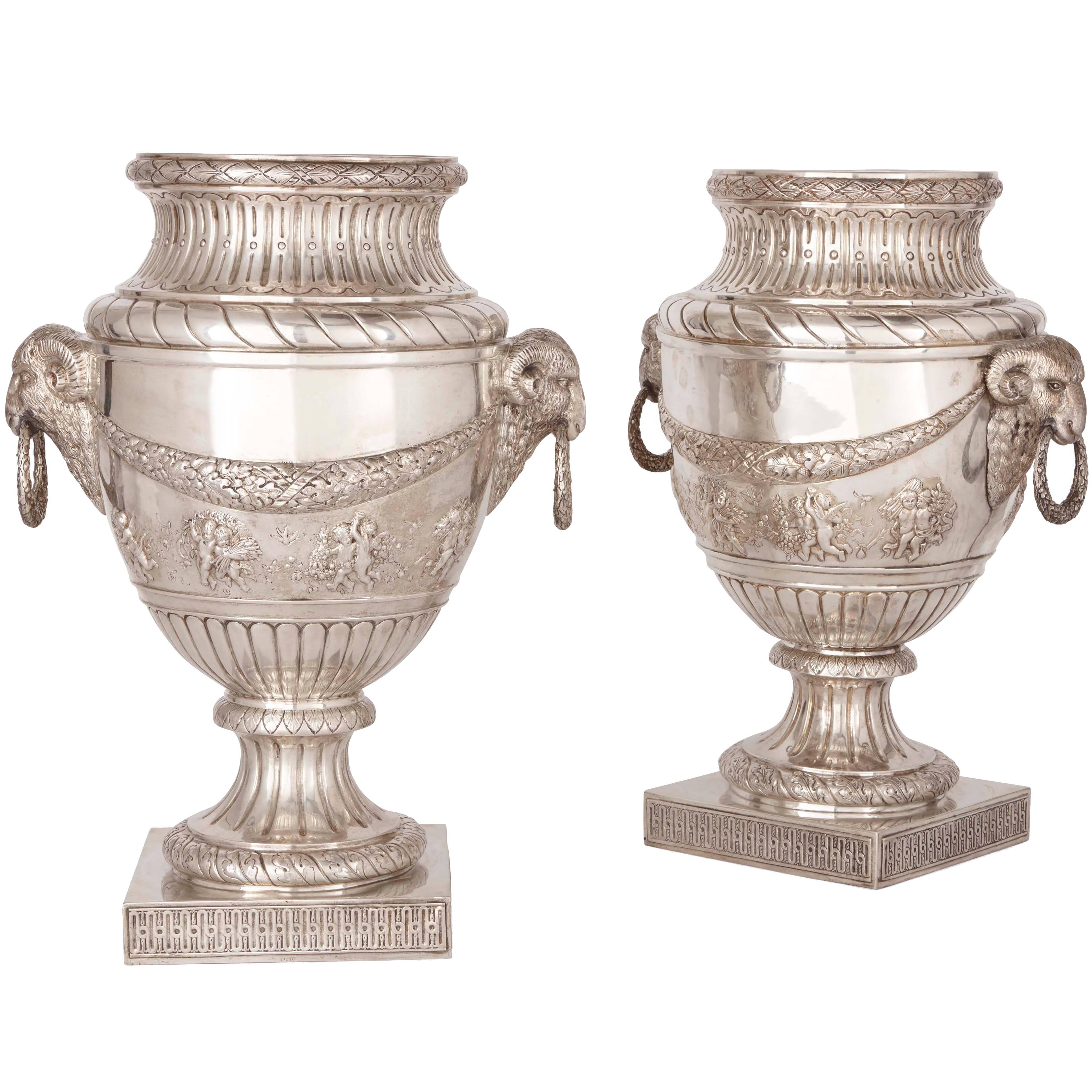 Large Pair of Antique Solid Silver Vases