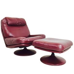 Vintage Leather Lounge Swivel Chair and Ottoman by De Sede