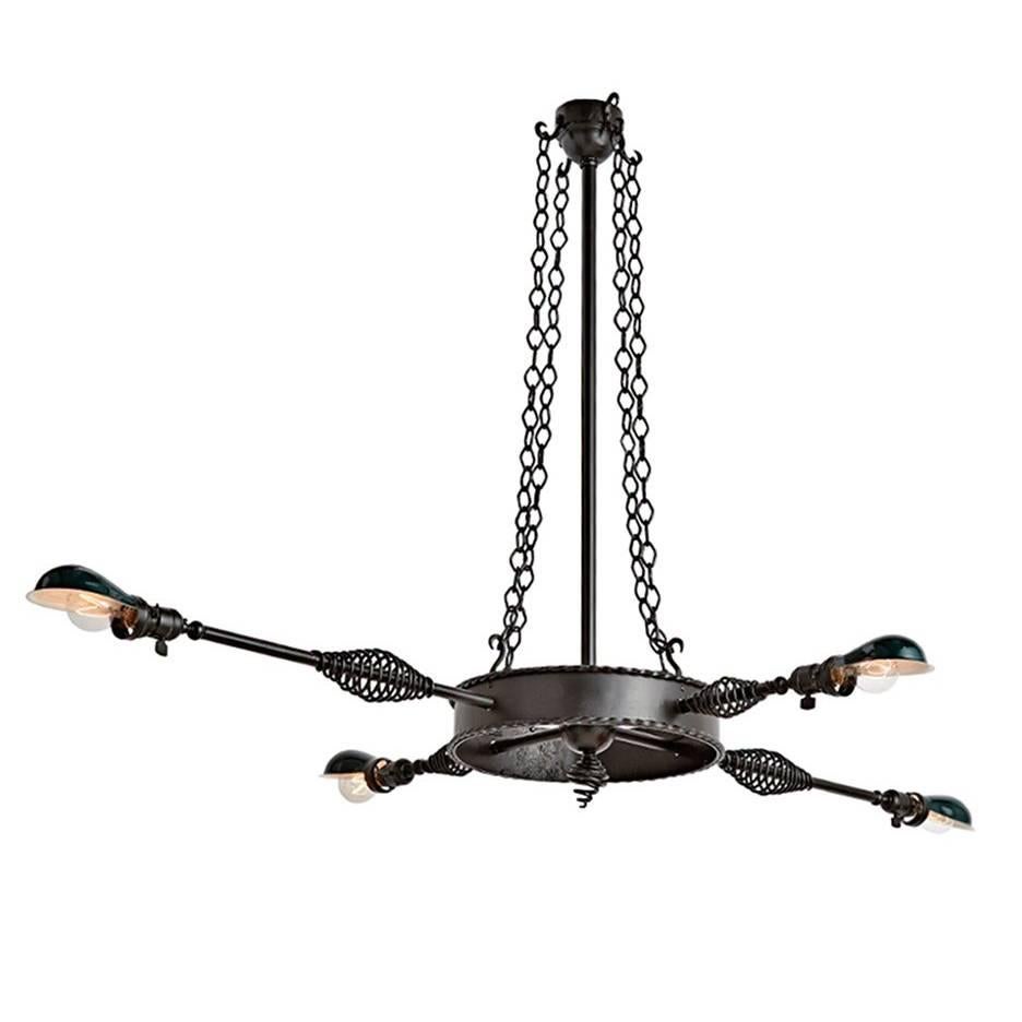 Wrought Iron Billiard Light with Nos Hubbell Reflectors, circa 1905 For Sale