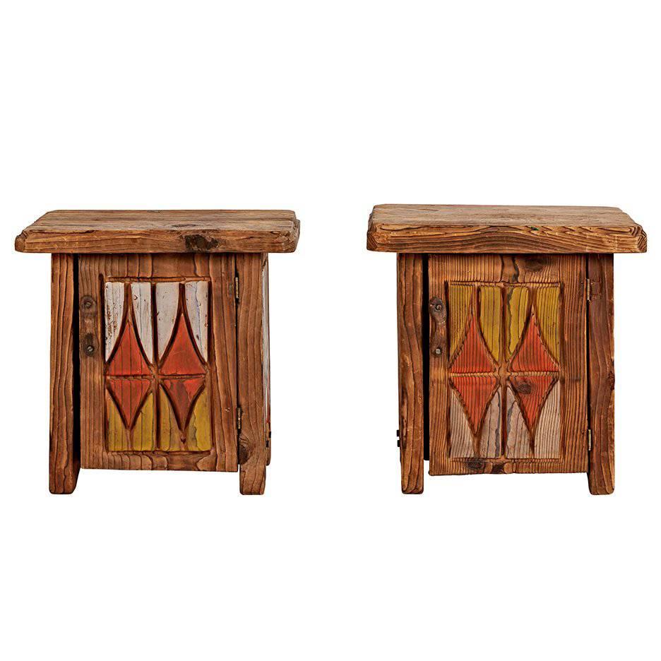Pair of Rustically Carved Side Tables with NW TOTEM Motif, circa 1950s For Sale