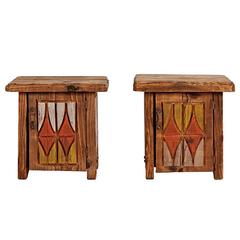 Pair of Rustically Carved Side Tables with NW TOTEM Motif, circa 1950s 2