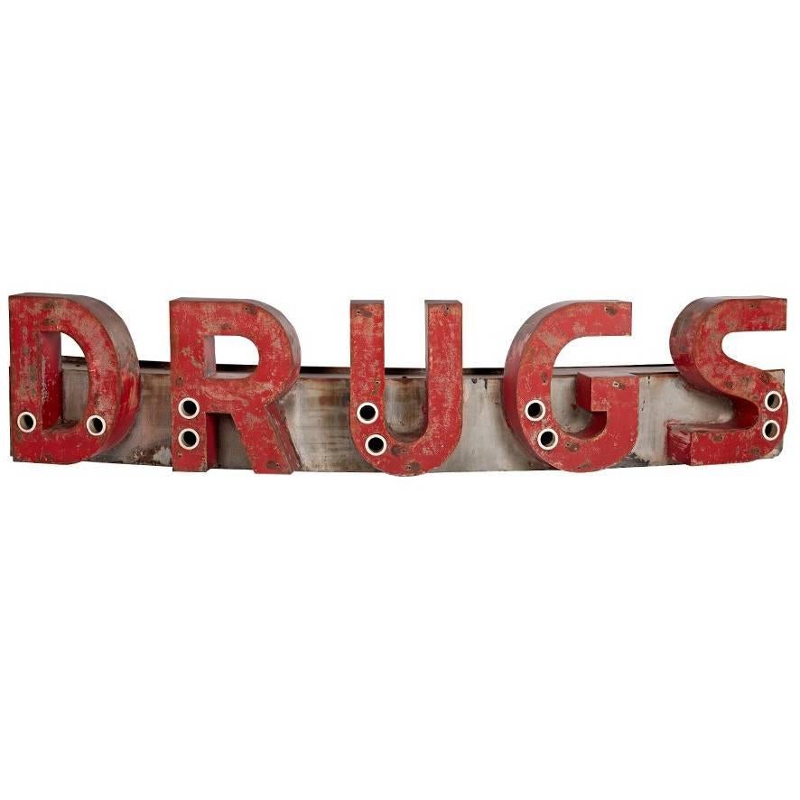 Rustically Worn Curved Drugs Sign, circa 1950s For Sale