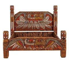 Rustically Carved Bed Frame with NW TOTEM Motif, circa 1950s