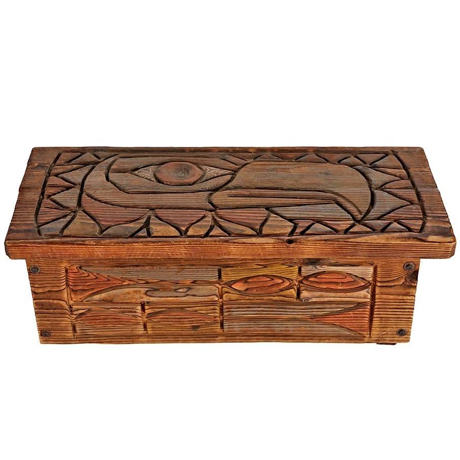 Rustically Carved Blanket Chest with NW TOTEM Motif, circa 1950s For Sale