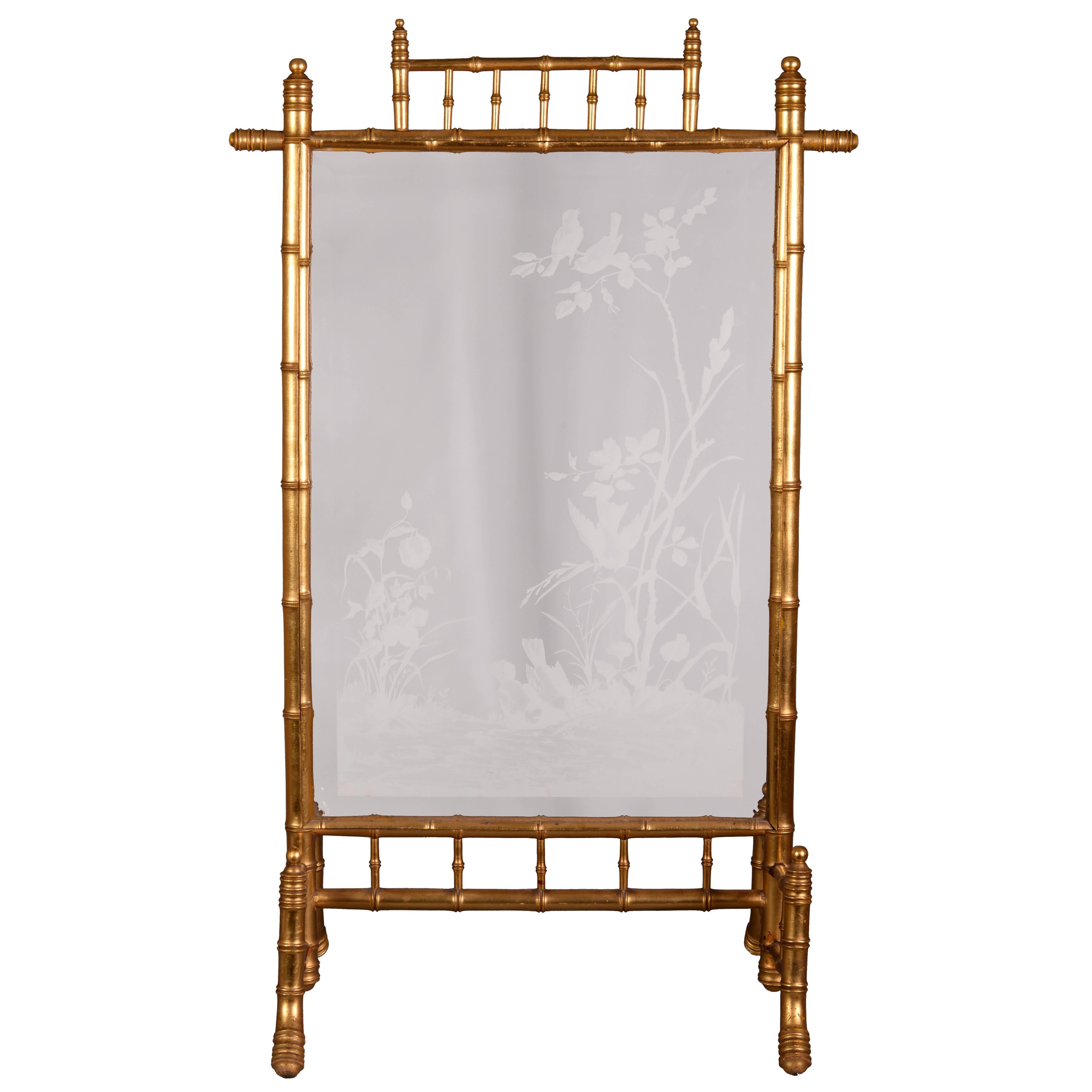 Japanese Style Fire Screen in Gilt Bronze in Imitation of Bamboo, Engraved Glass For Sale