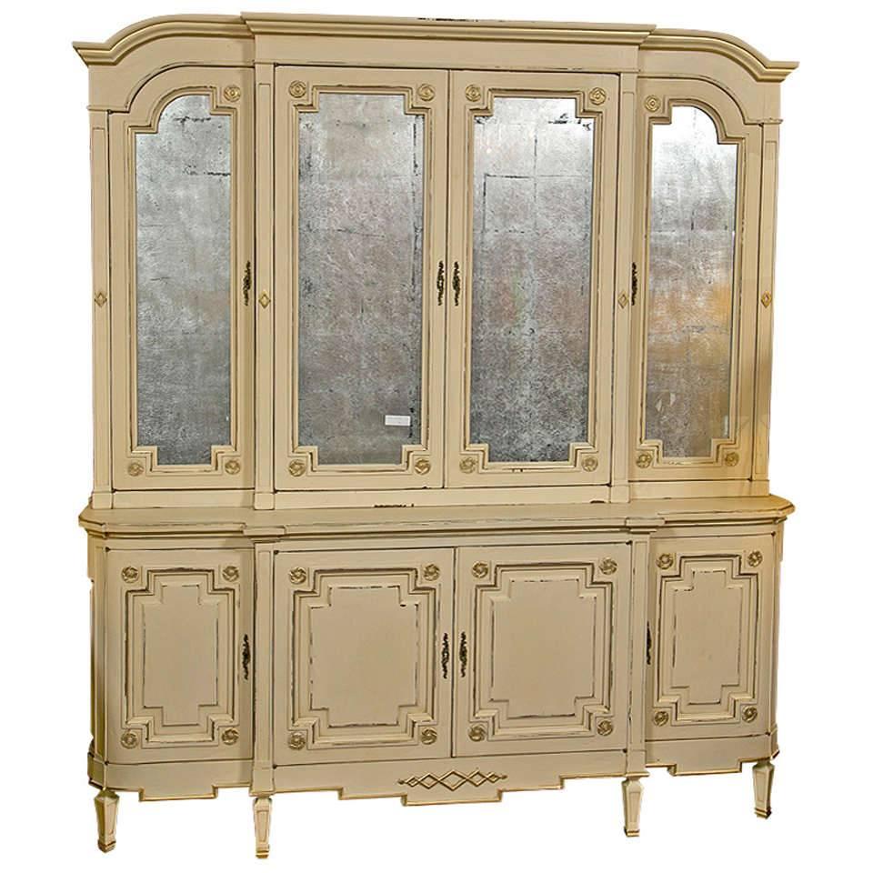 Maison Jansen, Bookcase, Painted Beige Wood, Gold Gilt, Silver Mirror, 1950s