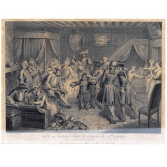 Rare gravure burlesque de Rancor coupe le chapeau de Ragotin, 18ème siècle