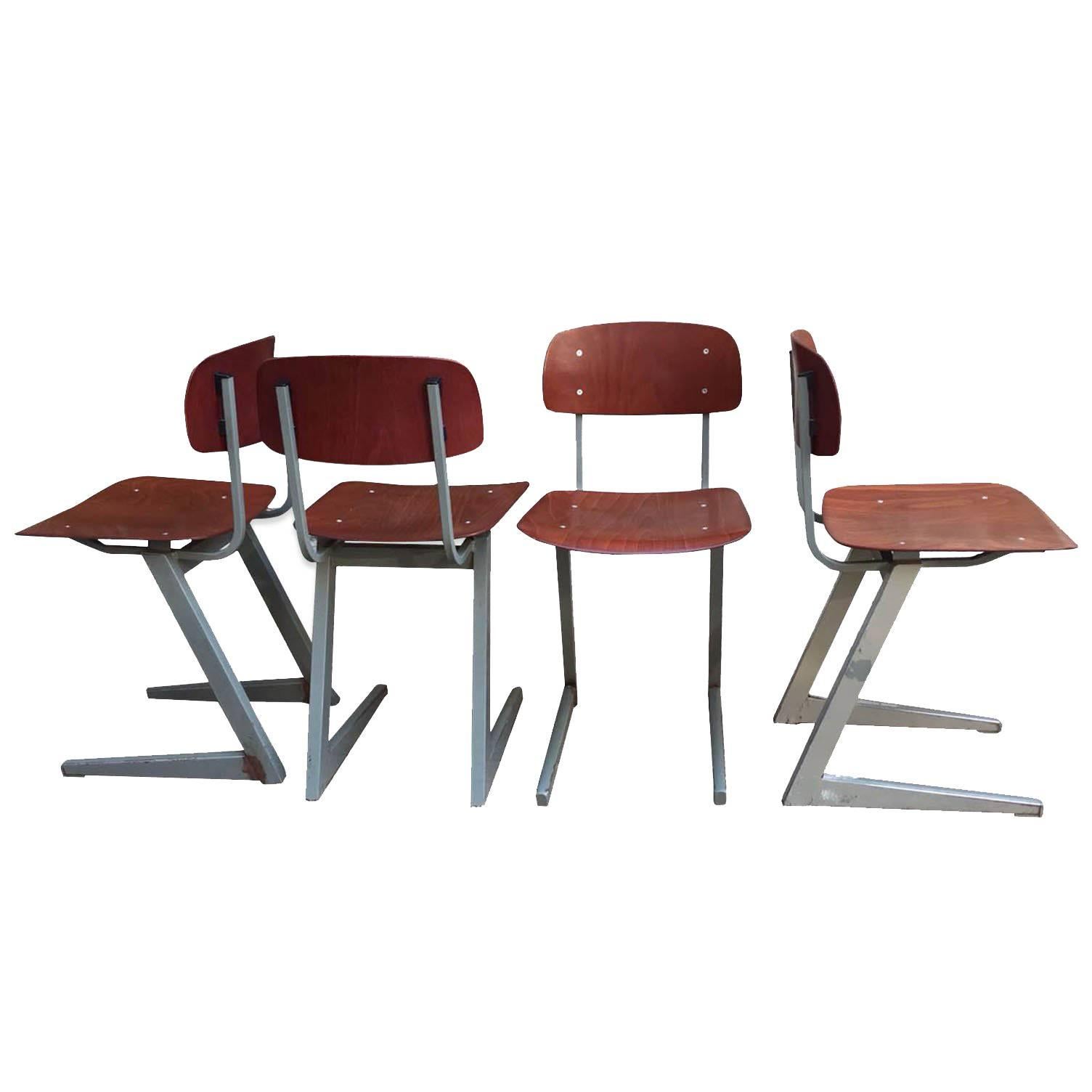 Mid-20th Century Set of Six Angular Pagwood Industrial Chairs For Sale
