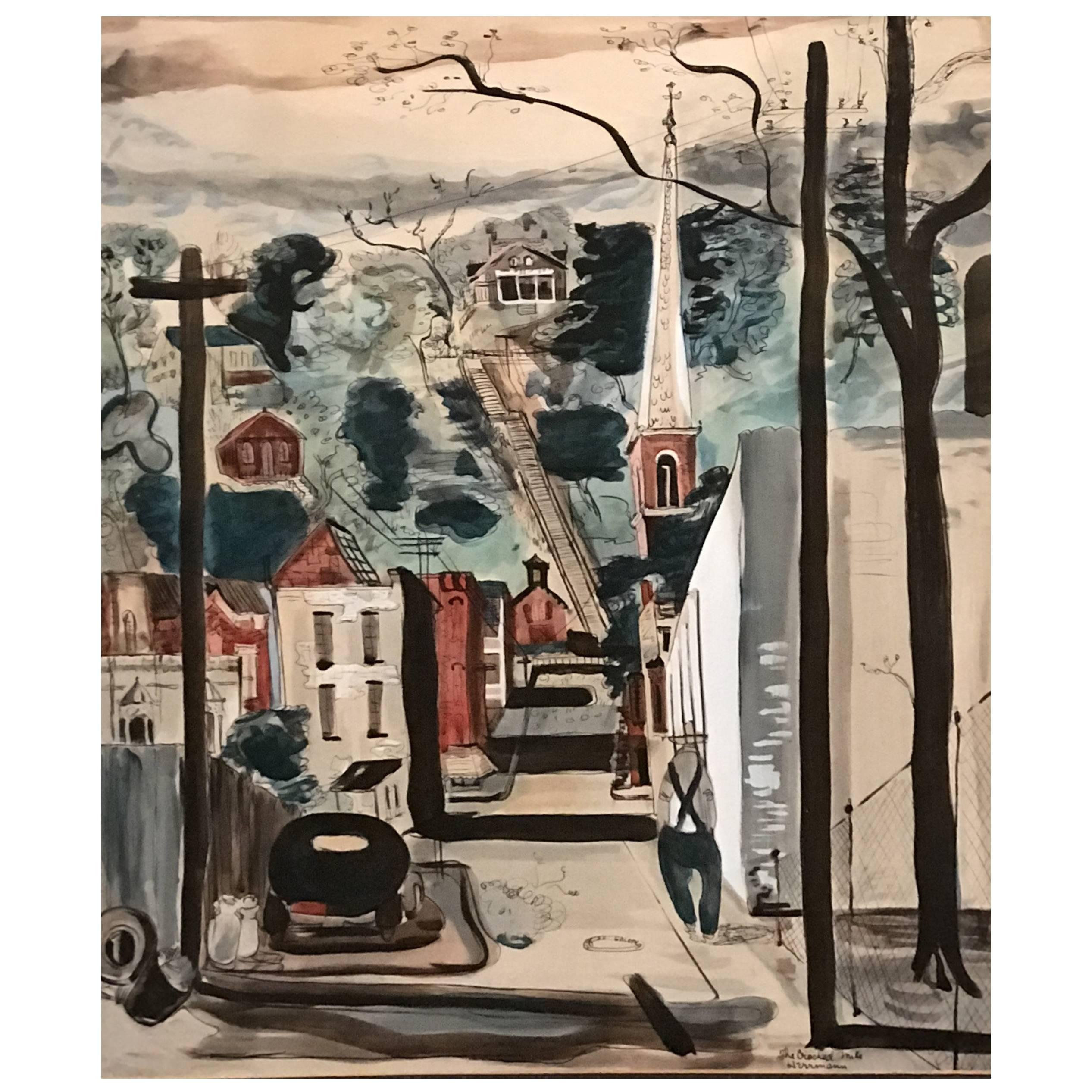 Edward Herrmann Hand Colored Print “the Crooked Mile, ” Gallenas, Illinois