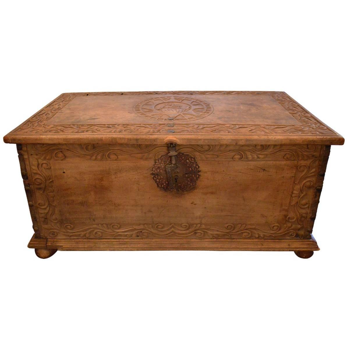 Large Antique 17th Century European Hand-Carved Wood Trunk/ Hope Chest For Sale