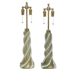 Murano Glass Italian Table Lamps Sculpted Gold White Seguso, Italy, 1960s