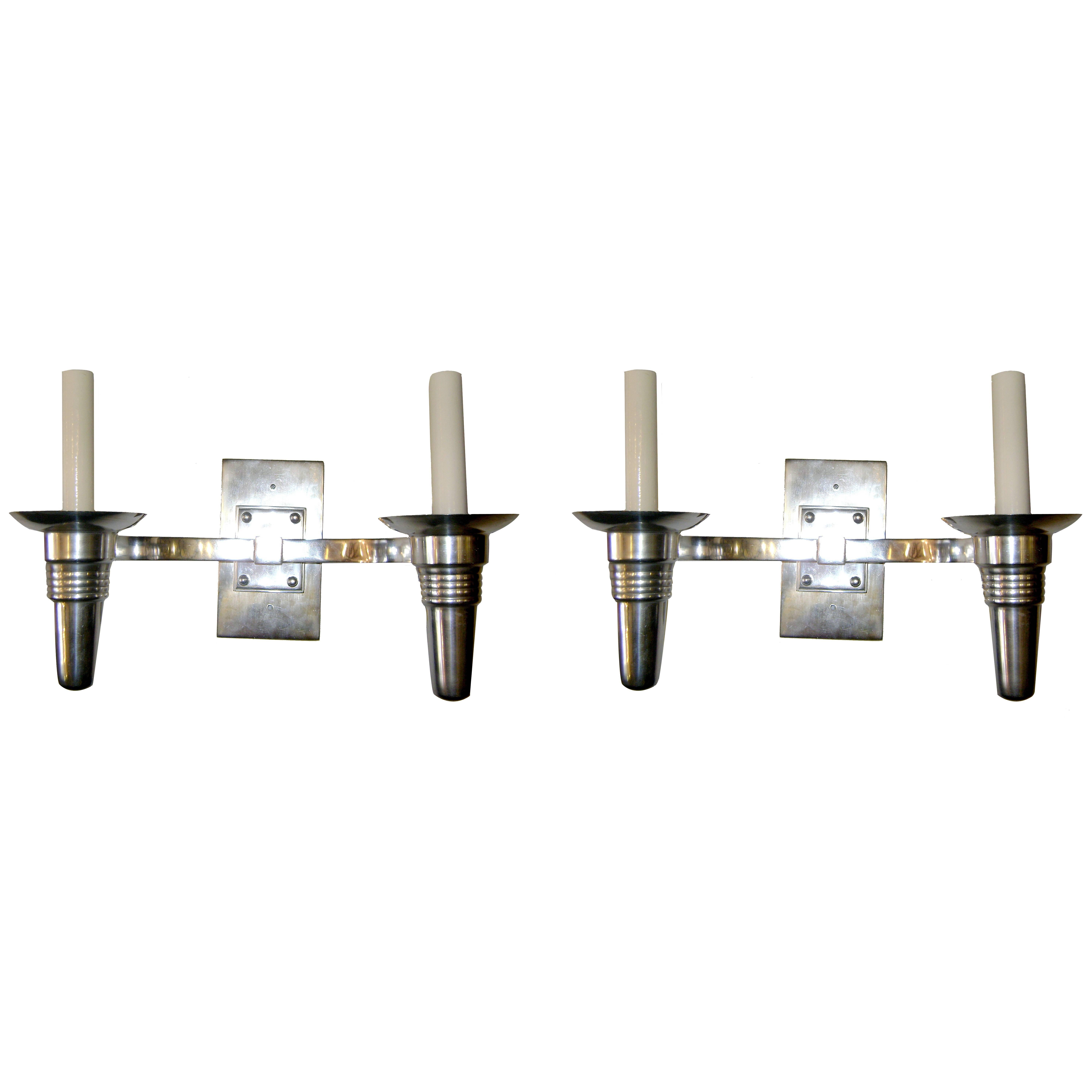 Set of Eight Moderne Silver Plated Sconces