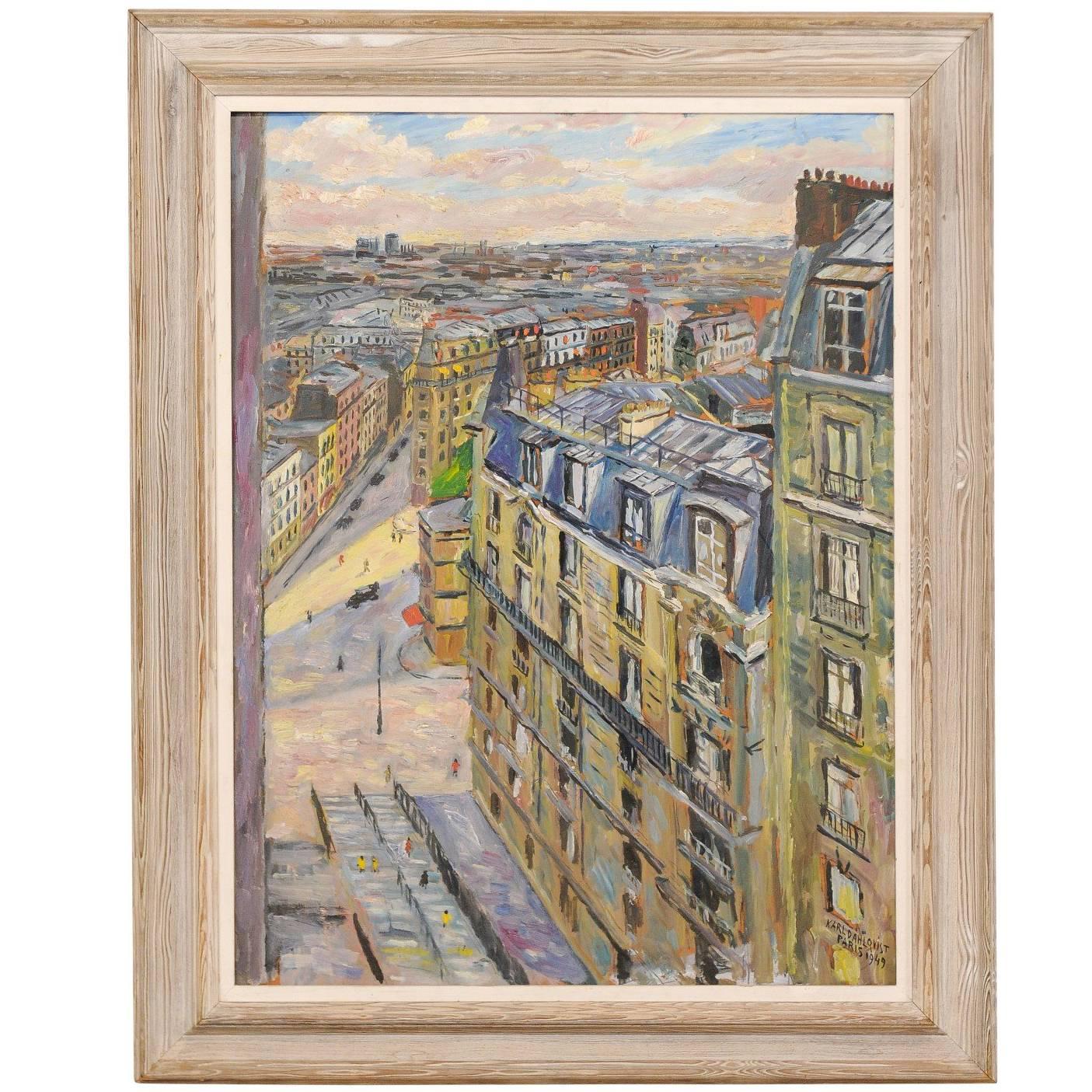 Charmante rue parisienne montée dans un cadre en bois - peinture à l'huile