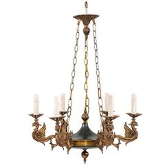 French Small Chandelier Ornate with Mythical Griffins of Brass and Iron