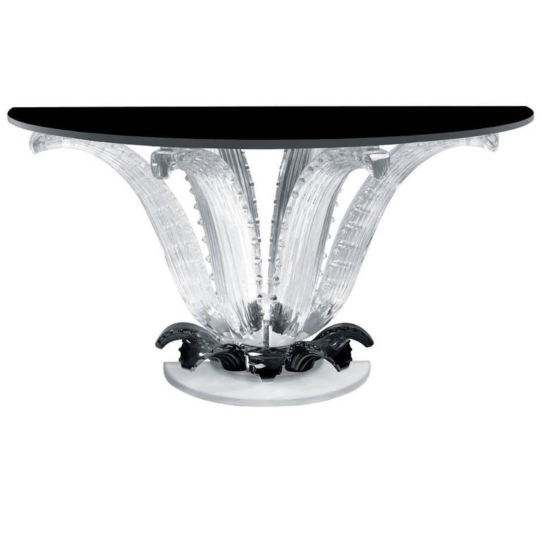 Lalique Crystal Cactus Console or Demi-Lune with Black Accent and Black Top  For Sale at 1stDibs