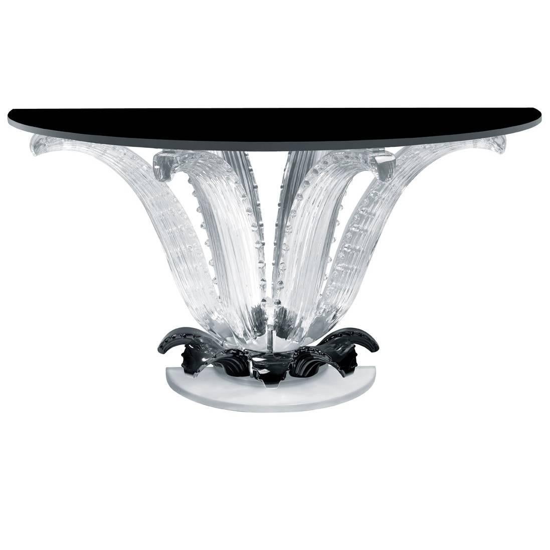 Lalique Crystal Cactus Console or Demi-Lune with Black Accent and Black Top For Sale