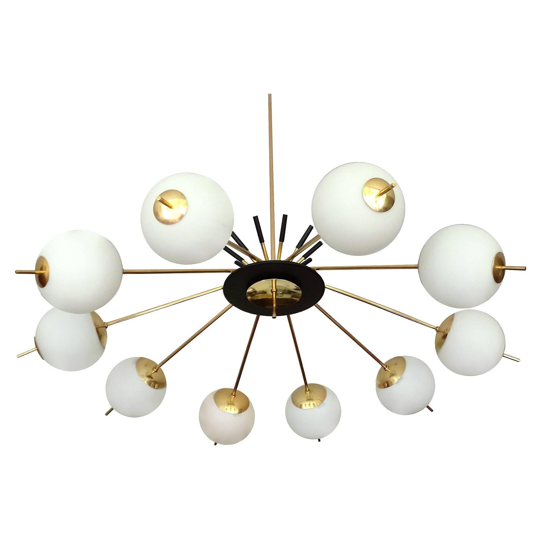 Large Stilnovo Sunburst Brass Design Chandelier, 1950s Modernist Pendant Lamp