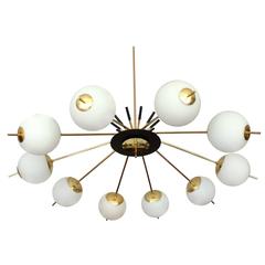 Large Stilnovo Sunburst Brass Design Chandelier, 1950s Modernist Pendant Lamp