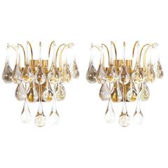 Delicate Pair of Murano Glass Tear Drop Sconces with Gilt Brass 1