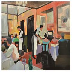 Le Cafe French Restaurant Scene Signed Original Painting