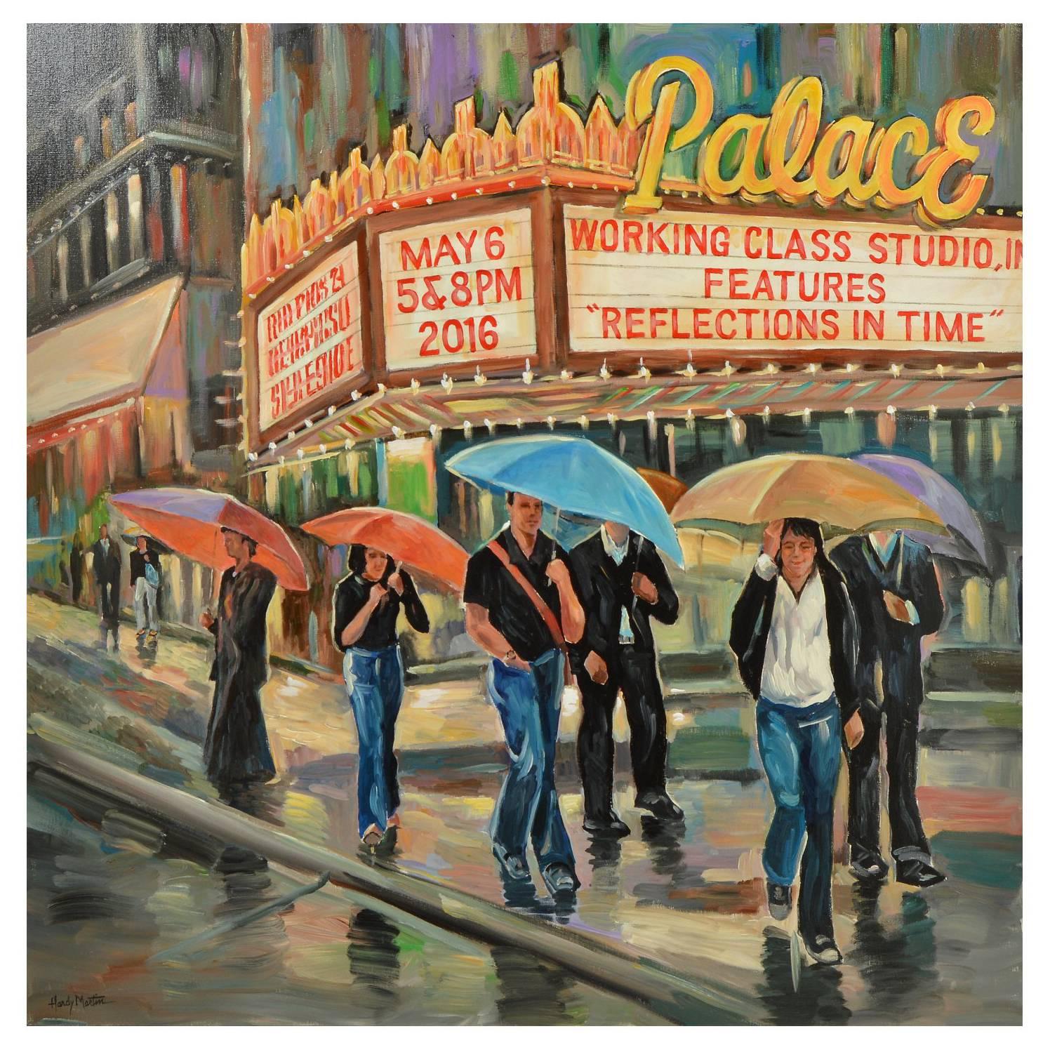 Palace Movie Theater Street Scene in the Rain Signed Original Painting For Sale