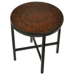 Mid-Century Modern Side Table with Copper Relief Top with Dancing Figures 9