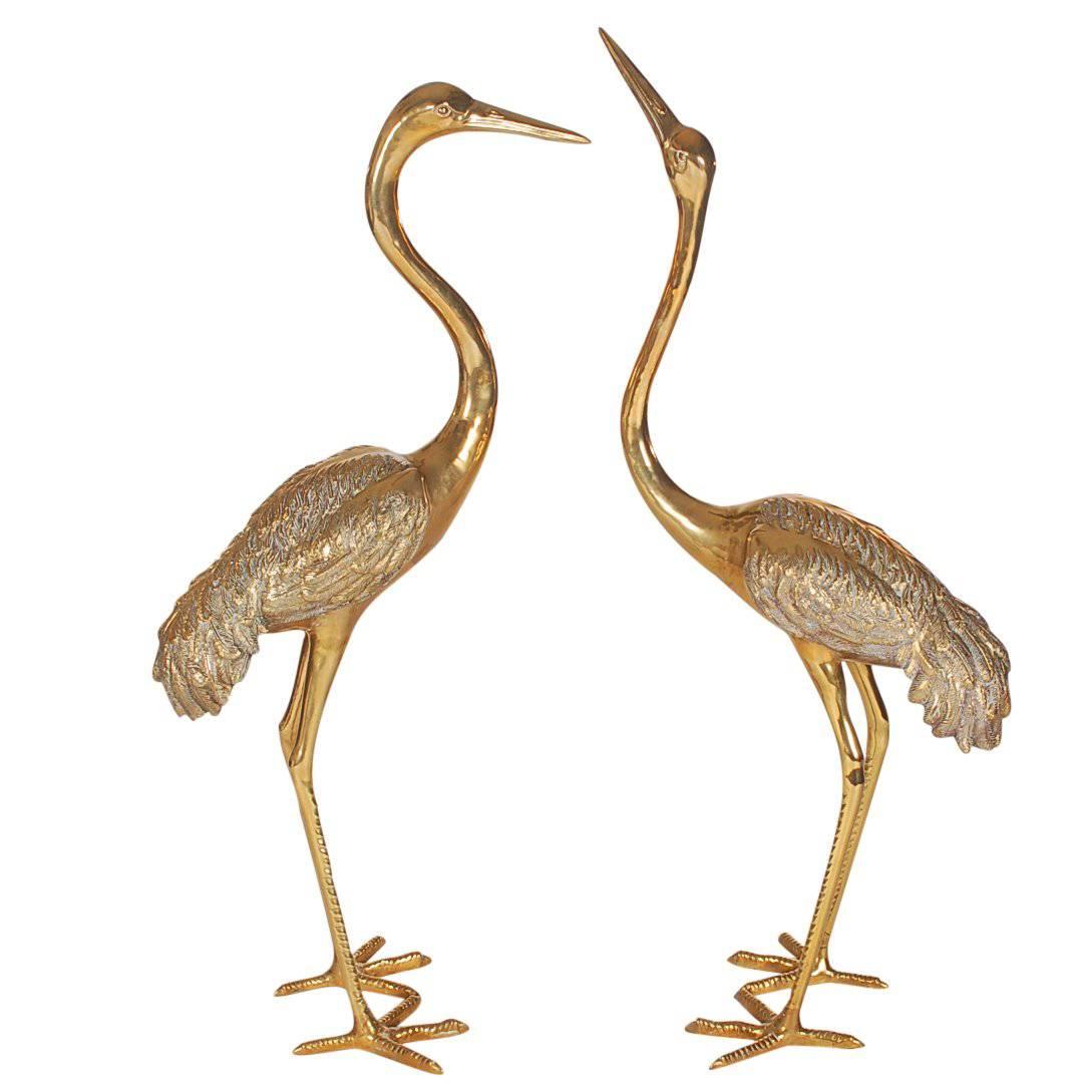 Pair of Large Hollywood Regency Brass Crane Bird Floor Sculptures, Mid-Century 
