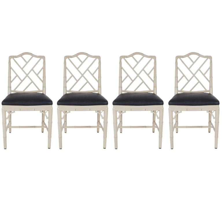 Chinese Chippendale Faux Bamboo Grey And Black Dining Chairs