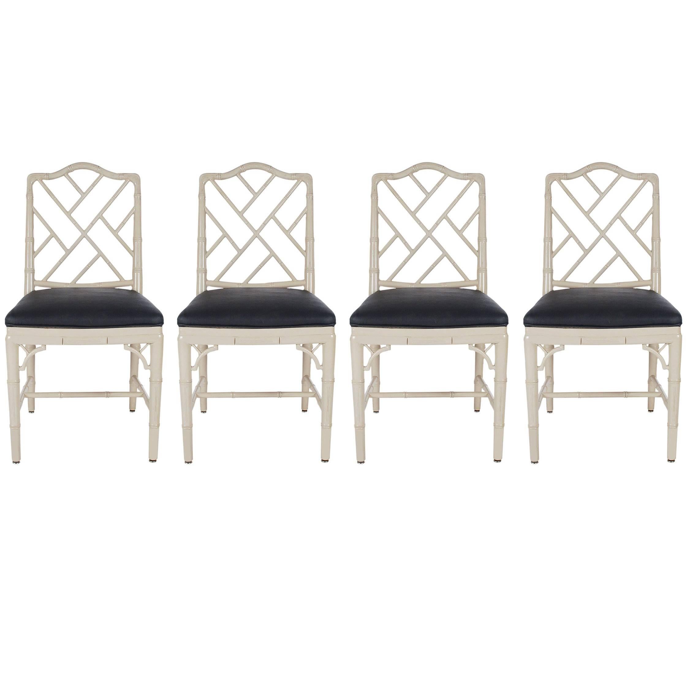 Chinese Chippendale Faux Bamboo Grey and Black Dining Chairs, Hollywood Regency 