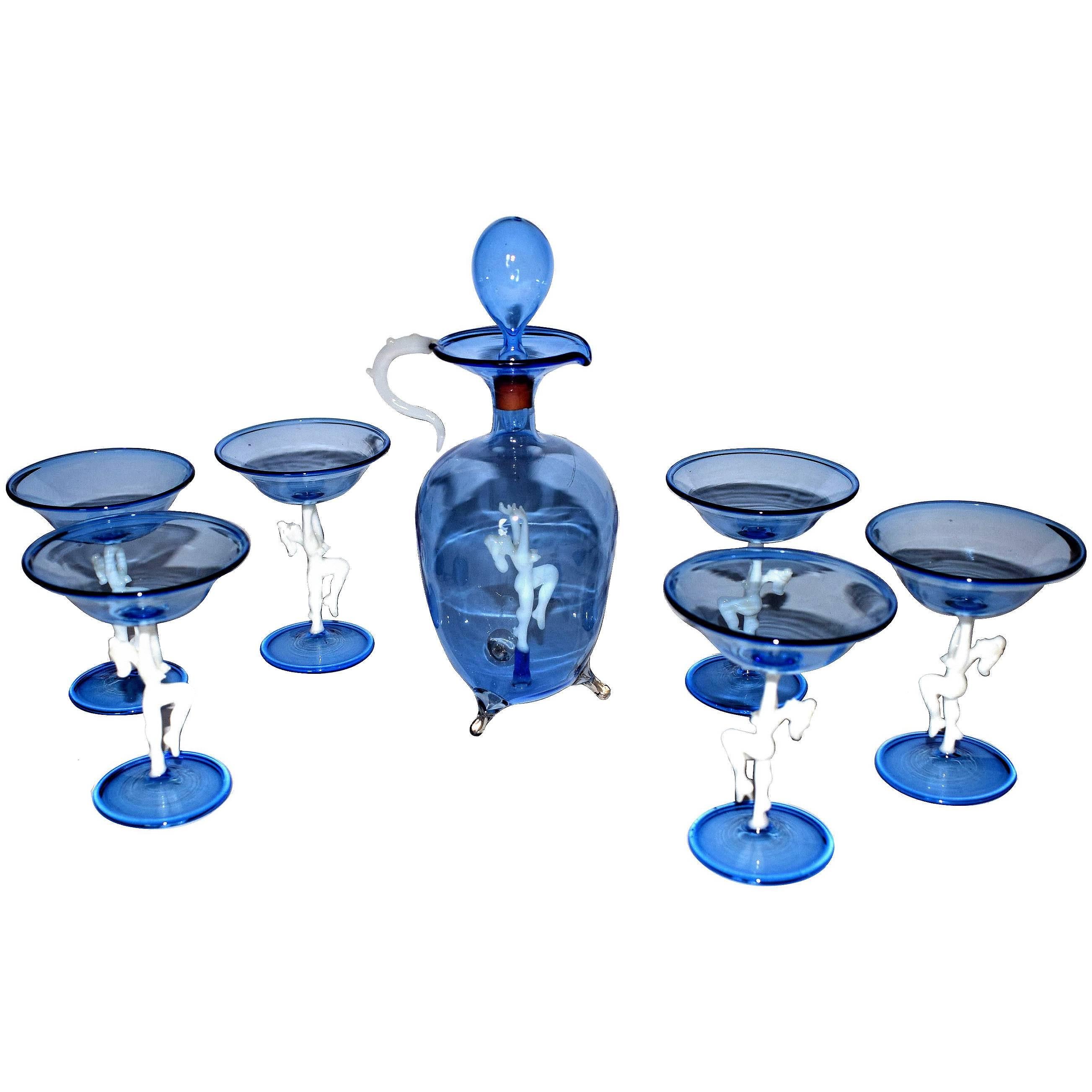 Art Deco Blue Glass Erotic Decanter Set by Bimini