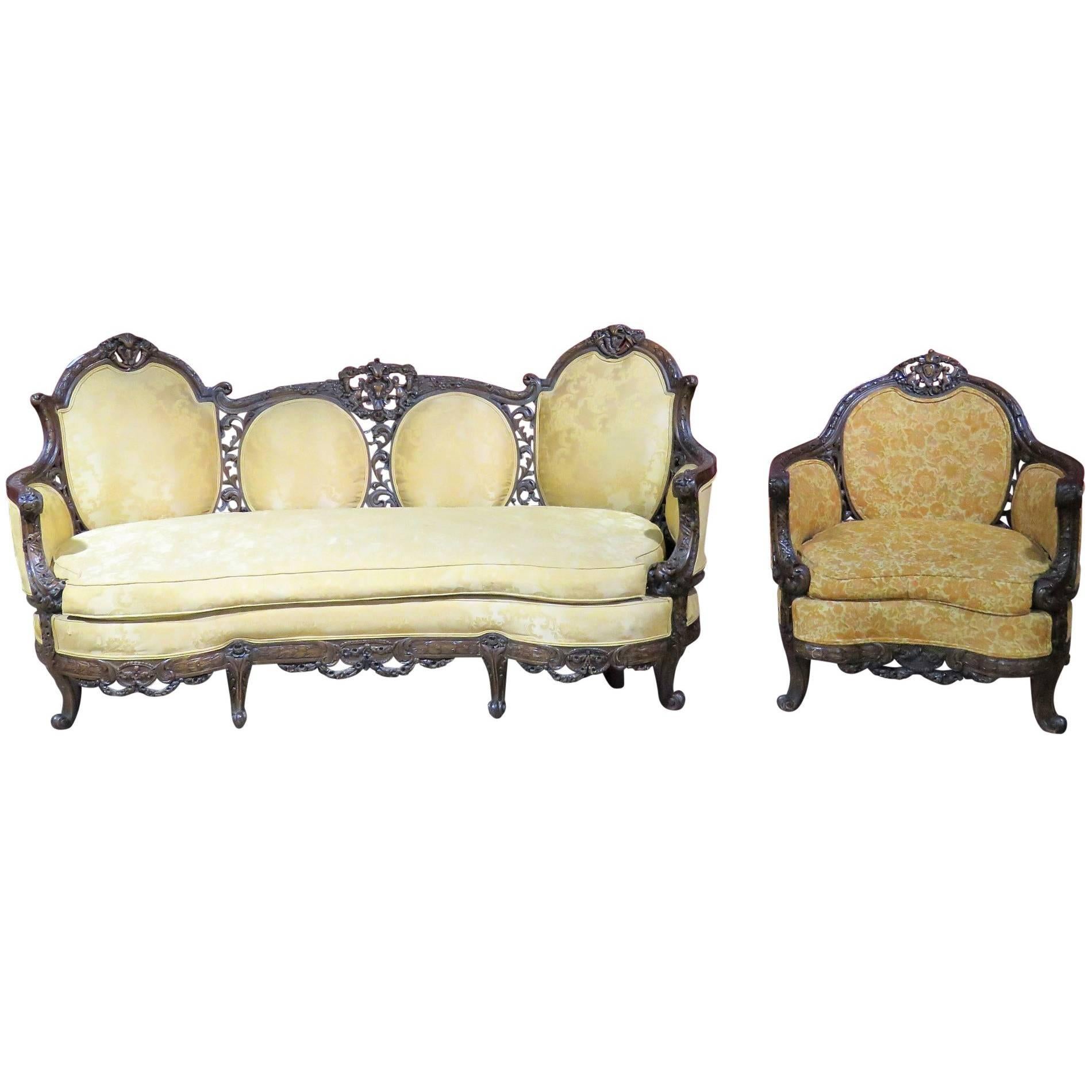 R.J. Horner Style Carved Walnut Settee and Bergere