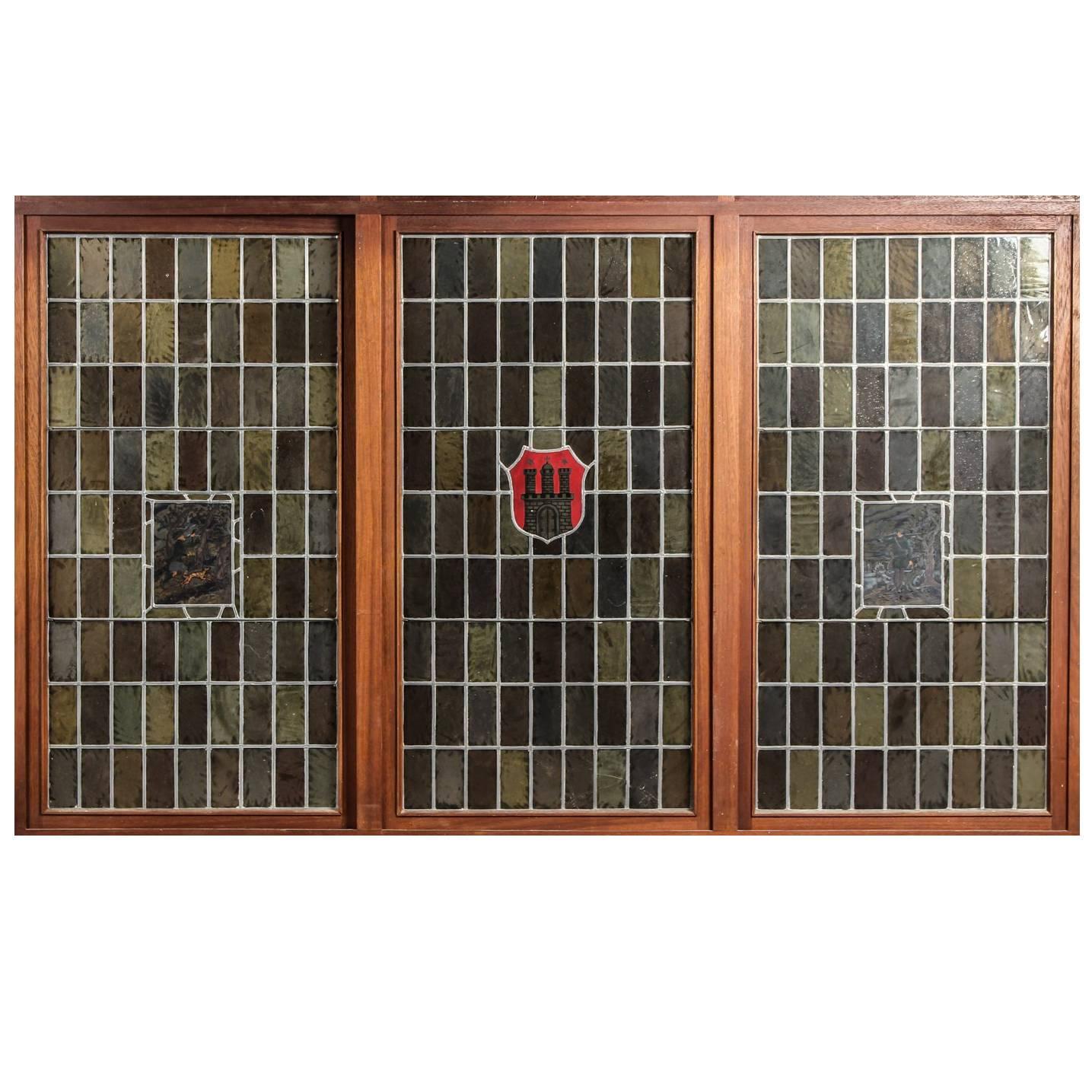 Large German Stained Lead Glass Windows For Sale