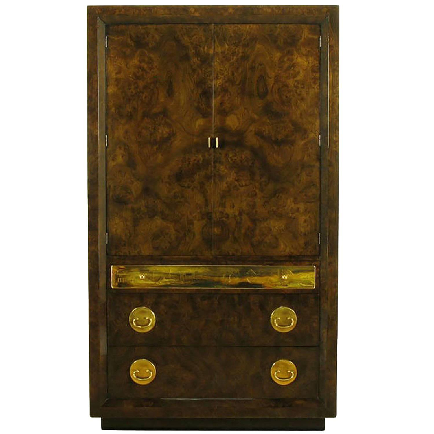 Mastercraft Burl and Acid Etched Brass Wardrobe Cabinet