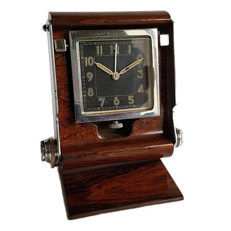 Art Deco Stylish UTI Streamline Travel Clock in a Rosewood Case