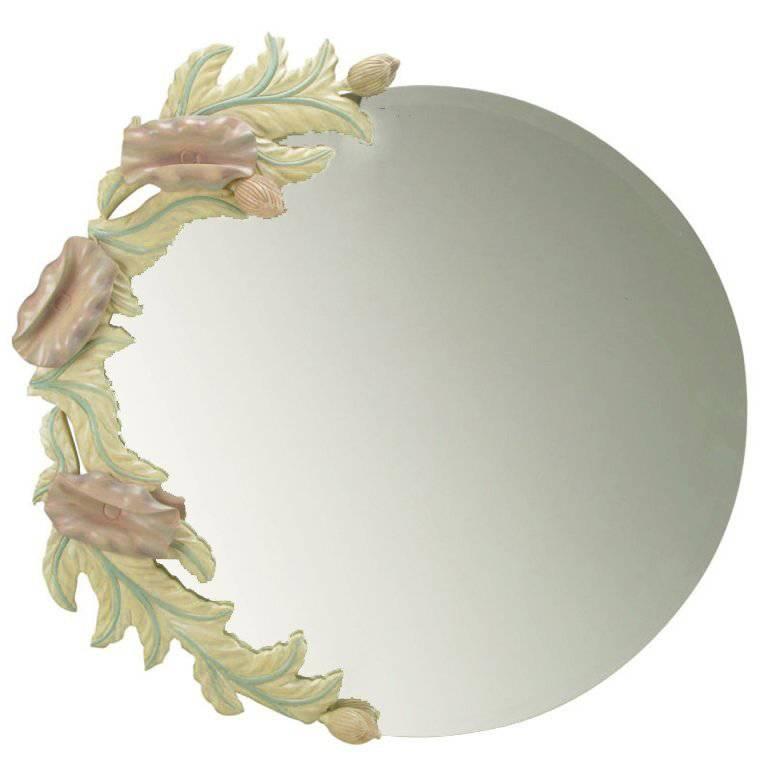 Phyllis Morris Carved Ivory and Lavender Poppies Round Mirror For Sale