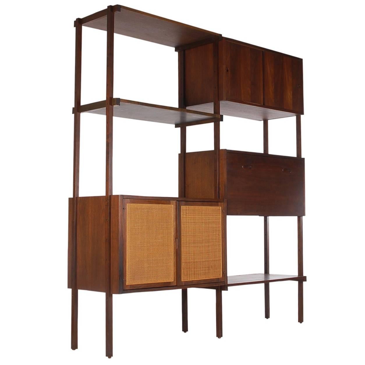 Mid-Century Modern Danish Style Wall Unit or Book Shelf in Walnut and Cane