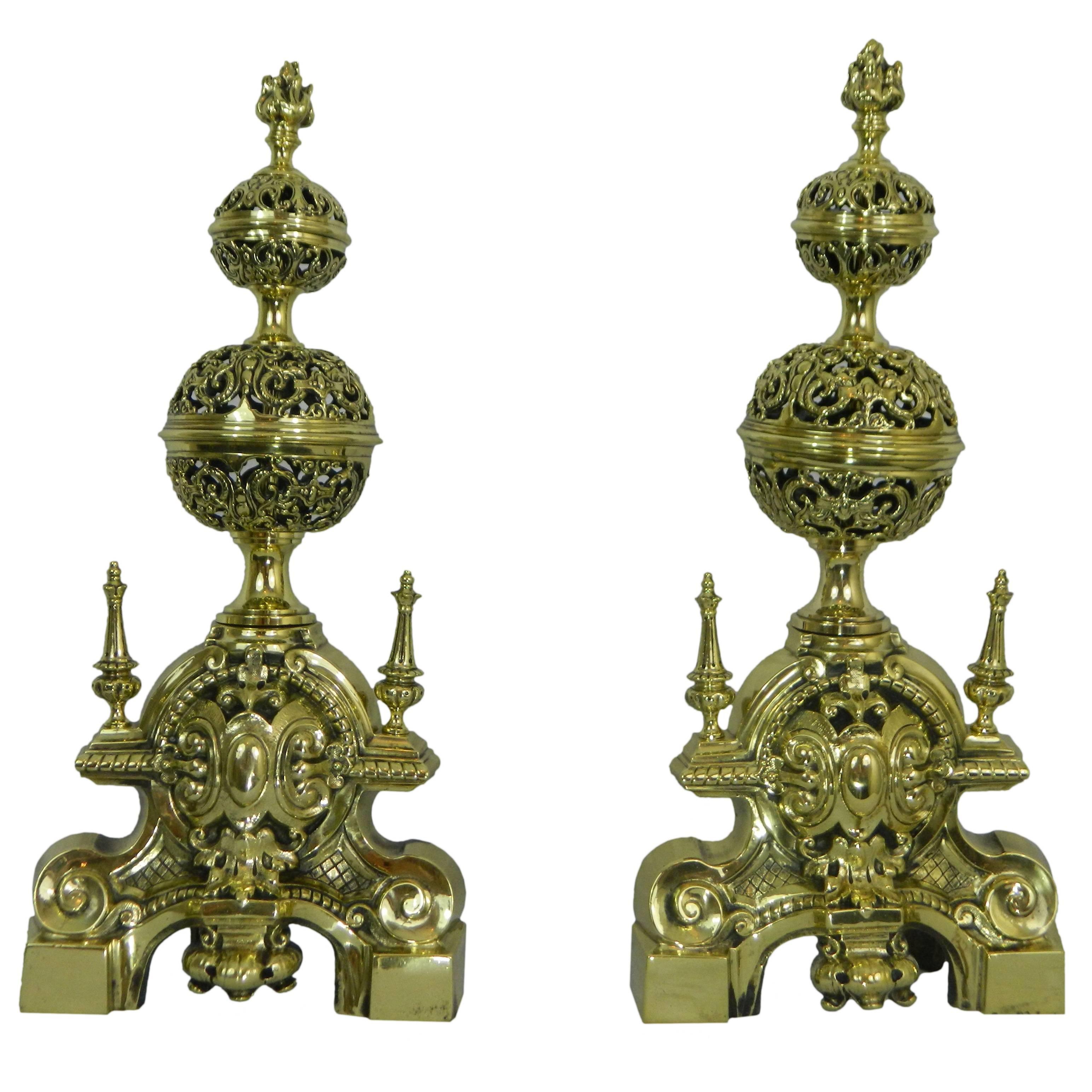 Pair of Chenets or Andirons with Two Pierced or Reticulated Balls, 19th Century For Sale