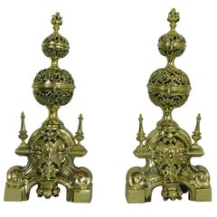 Pair of Chenets or Andirons with Two Pierced or Reticulated Balls, 19th Century