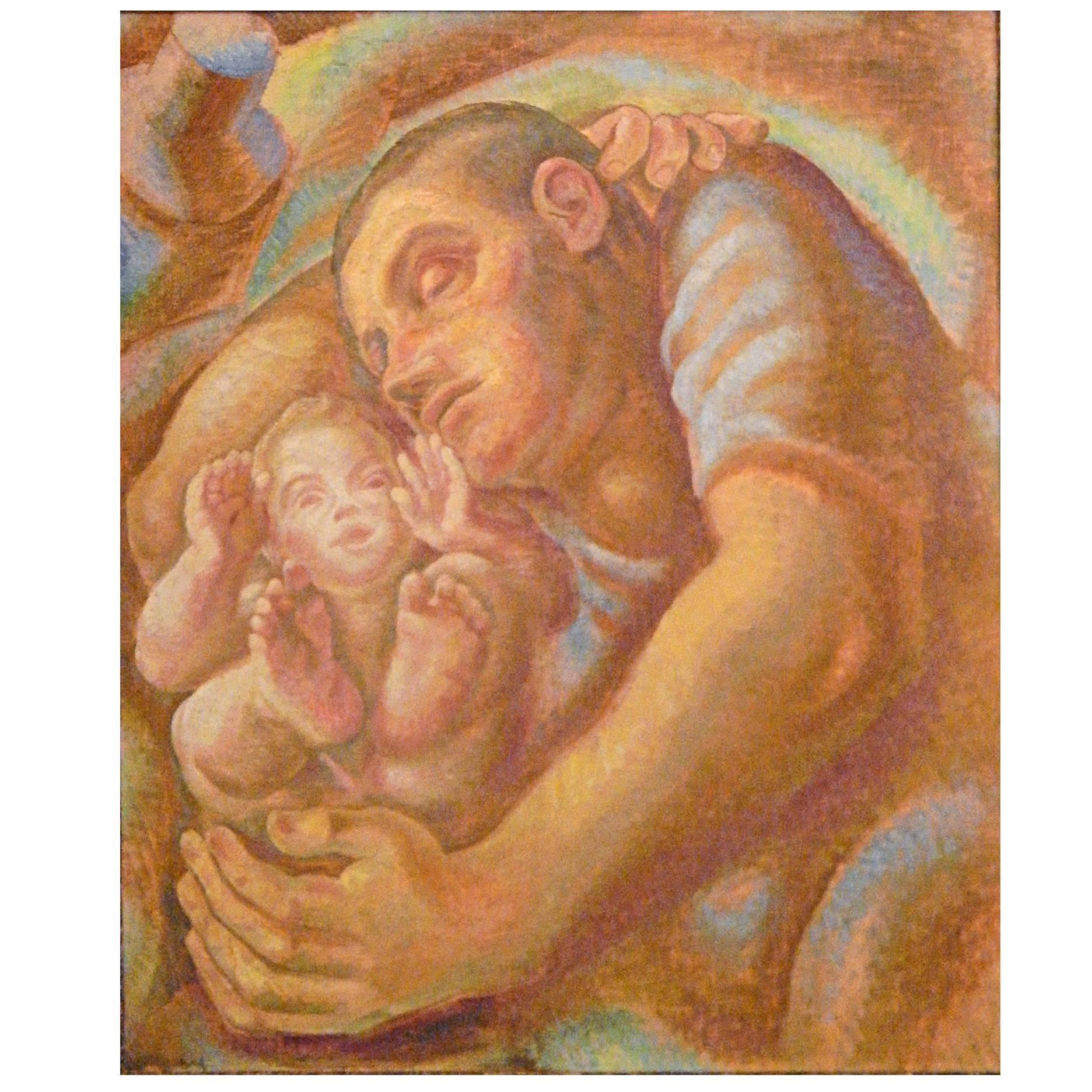 "Father and Son, " Glowing Depiction of Sleeping Figures, 1930s, Czech Republic For Sale