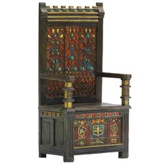 Antique Arts & Crafts Throne Chair Polychrome Monks Bench Settle Ottoman Gothic Revival