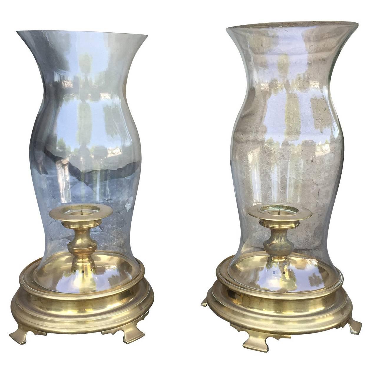 Pair of circa 1970s Brass Hurricane Stands with Globe and Candleholder