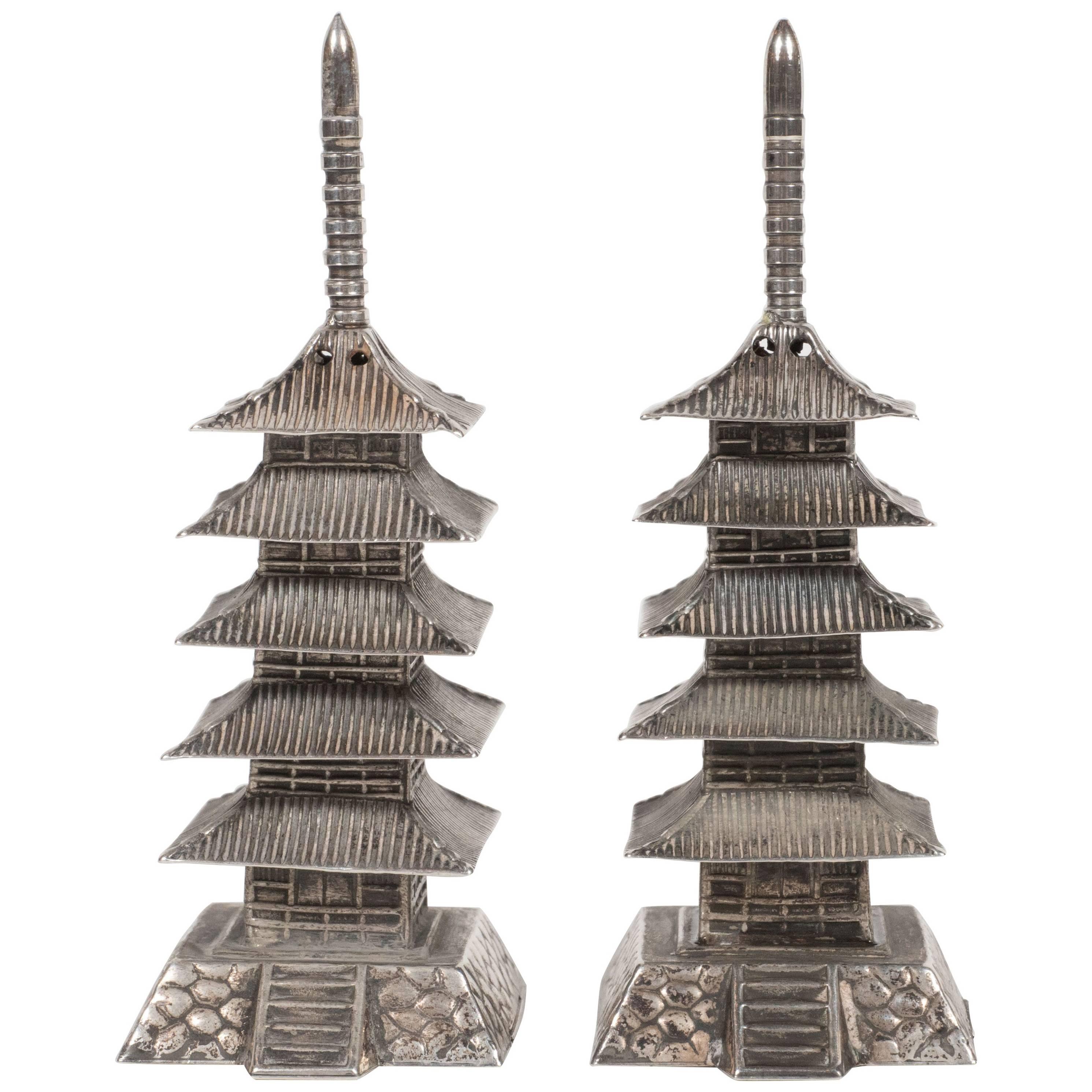 Lustrous Mid-Century Japanese Sterling Silver Temple Salt and Pepper Shakers