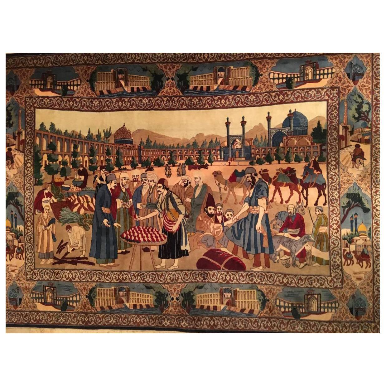 20th Century Iranian Rug: The Market of Ispahan Wool and Silk Shah Period For Sale