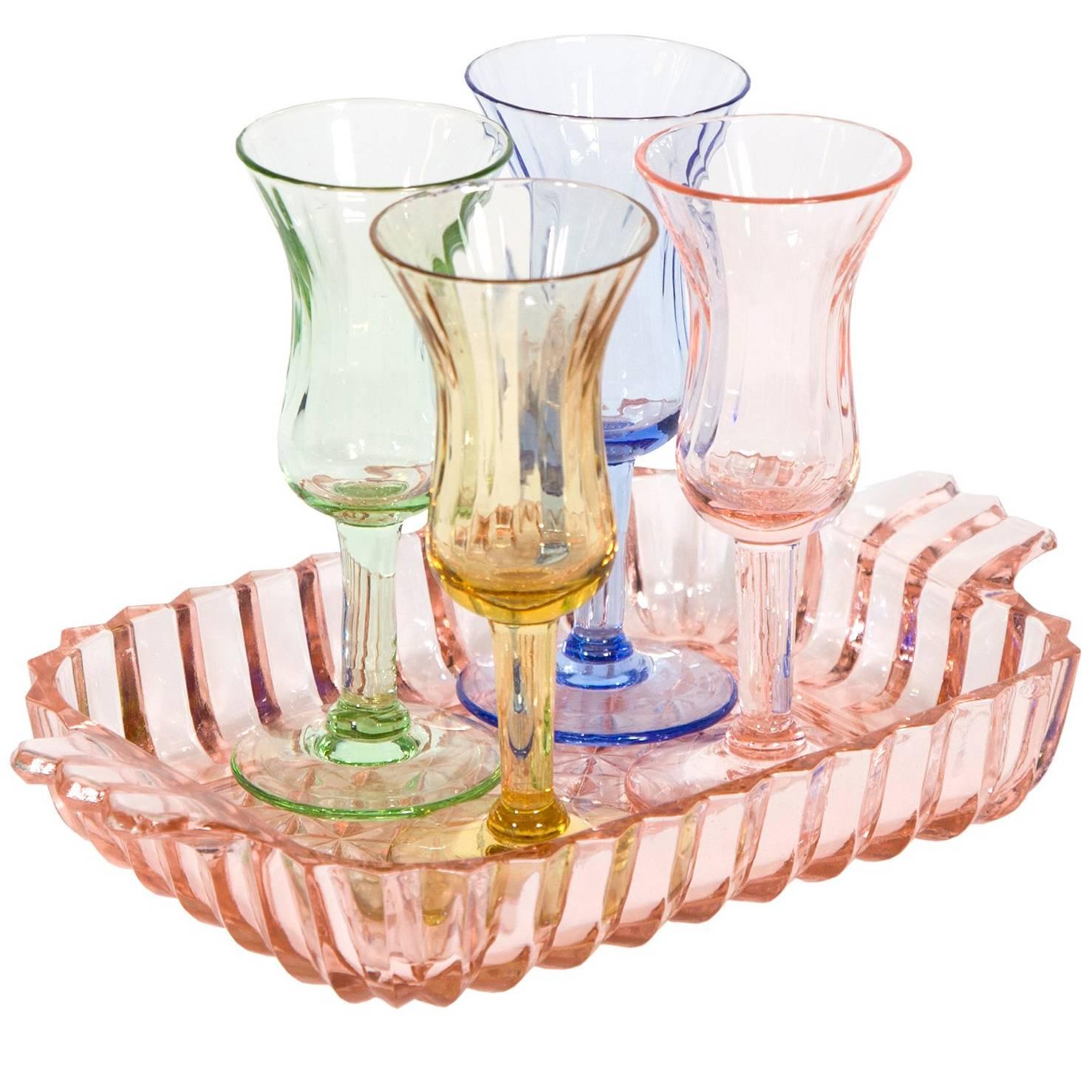 Mid-Century Multi-Color Cordial Set and Tray