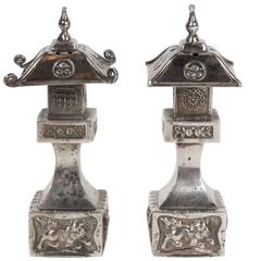 Vintage Elegant Pair of Imperial Chinese Pagoda Style Sterling Salt and Pepper Shakers