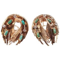Retro Mid-Century 14-Karat Gold, Jade and Diamond Earrings