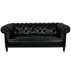 Vintage Black Leather Chesterfield Sofa