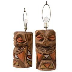 Pair of Rustically Carved Northwest TOTEM Lamps, circa 1950s 11